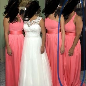 David’s Bridal Elegant Coral Reef  halter  Gown with Sash - size 10.